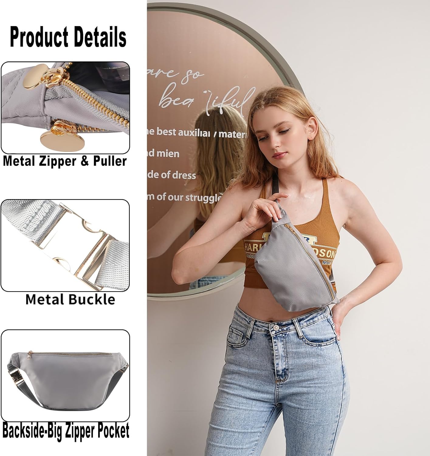 Fanny Pack Crossbody Stadium Approved Women Waist Pack Bag for Men Nylon Everywhere Belt Bag (Grey)