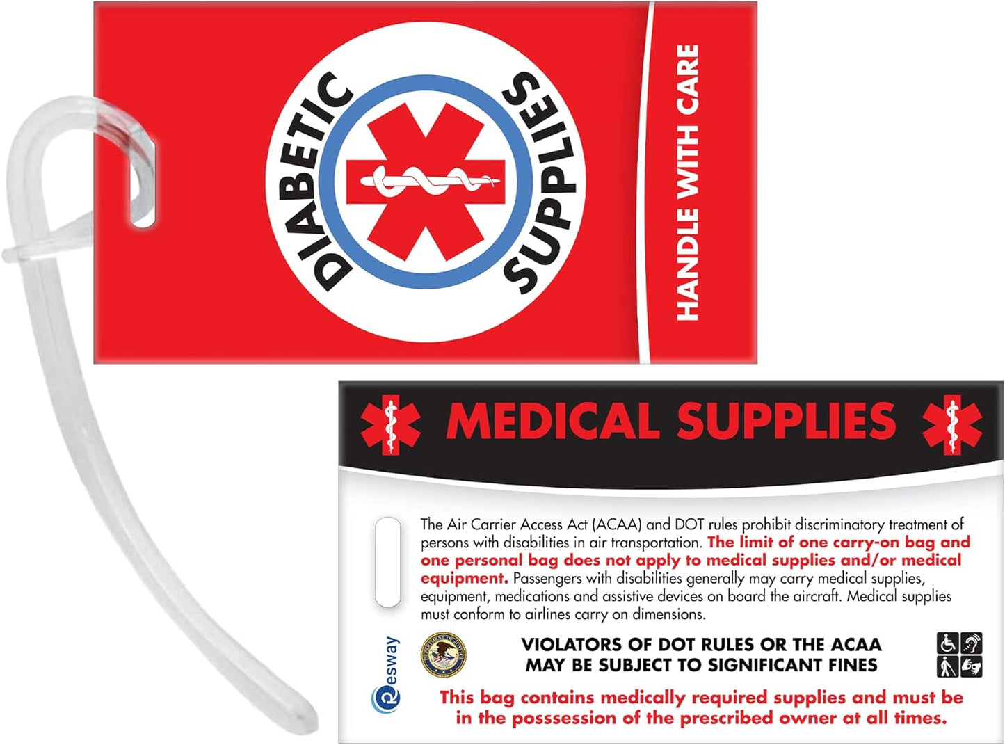 Diabetic Supplies ID Identification Luggage Tag | RED | Medical Alert | Insulin Medical Equipment | Handle with Care | Bag Tag | Luggage Gift
