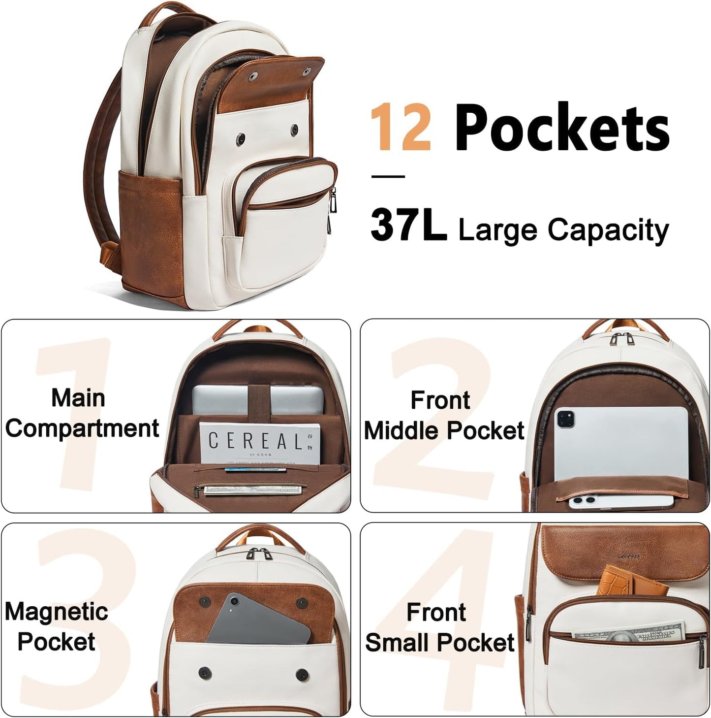 37L Backpack Purse for Women Men for Work Travel Back Pack Purses Vegan Leather Laptop College Daypack Shoulder Bag Beige