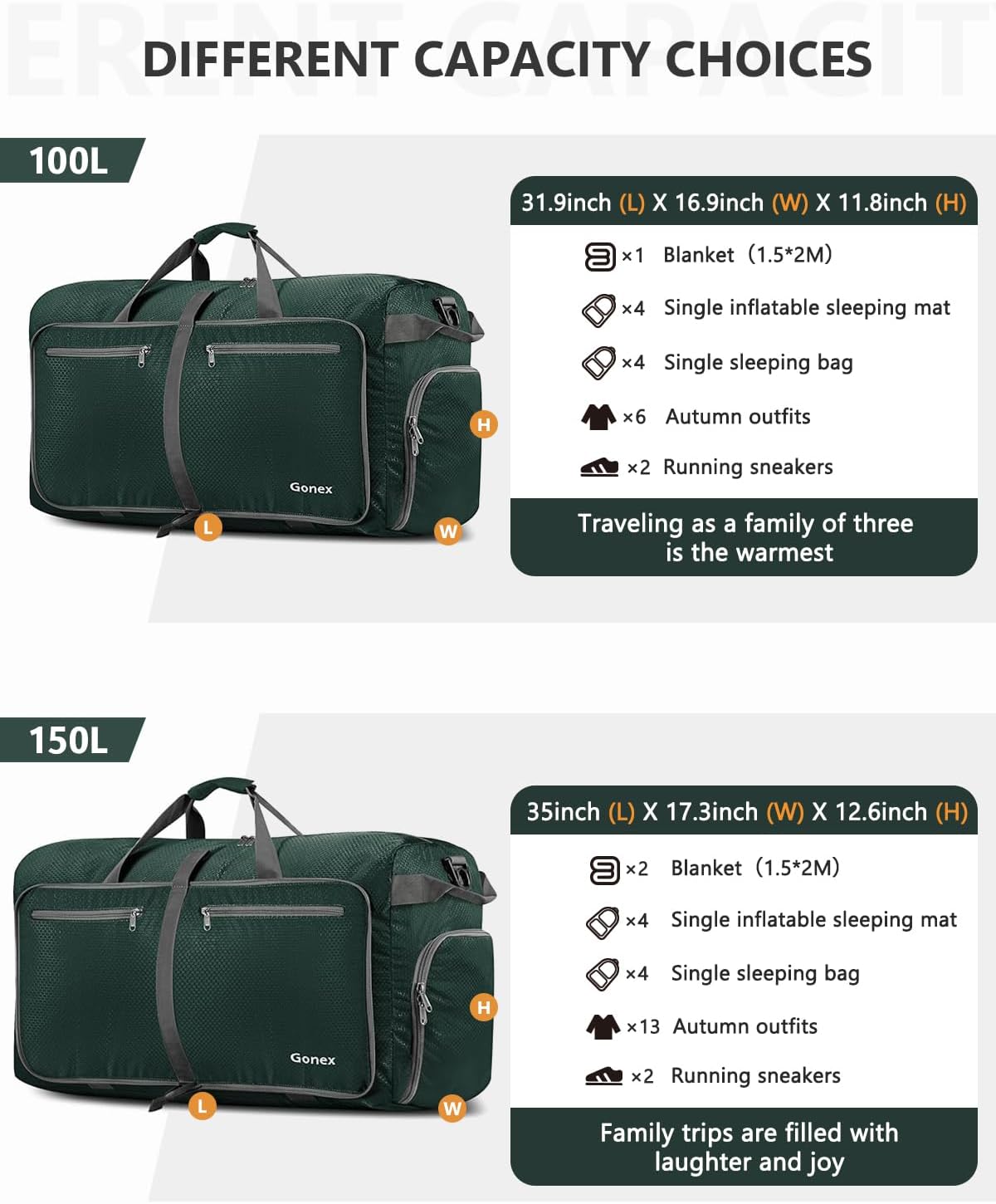 Gonex 40L 60L 80L 100L 150L Large Foldable Travel Duffle Bag with Shoes Compartment, Packable
