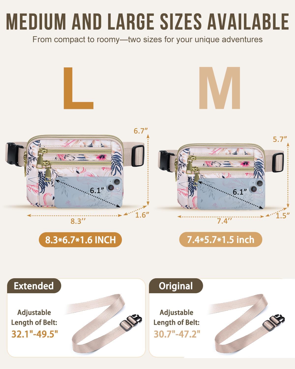Capolo Fanny Packs for Women Fashion Waist Packs Bag with Adjustable Strap and 4 Zipper Pockets Waterproof Everywhere Crossbody Belt Bag for Workout Running Travelling(Flamingo, Large)