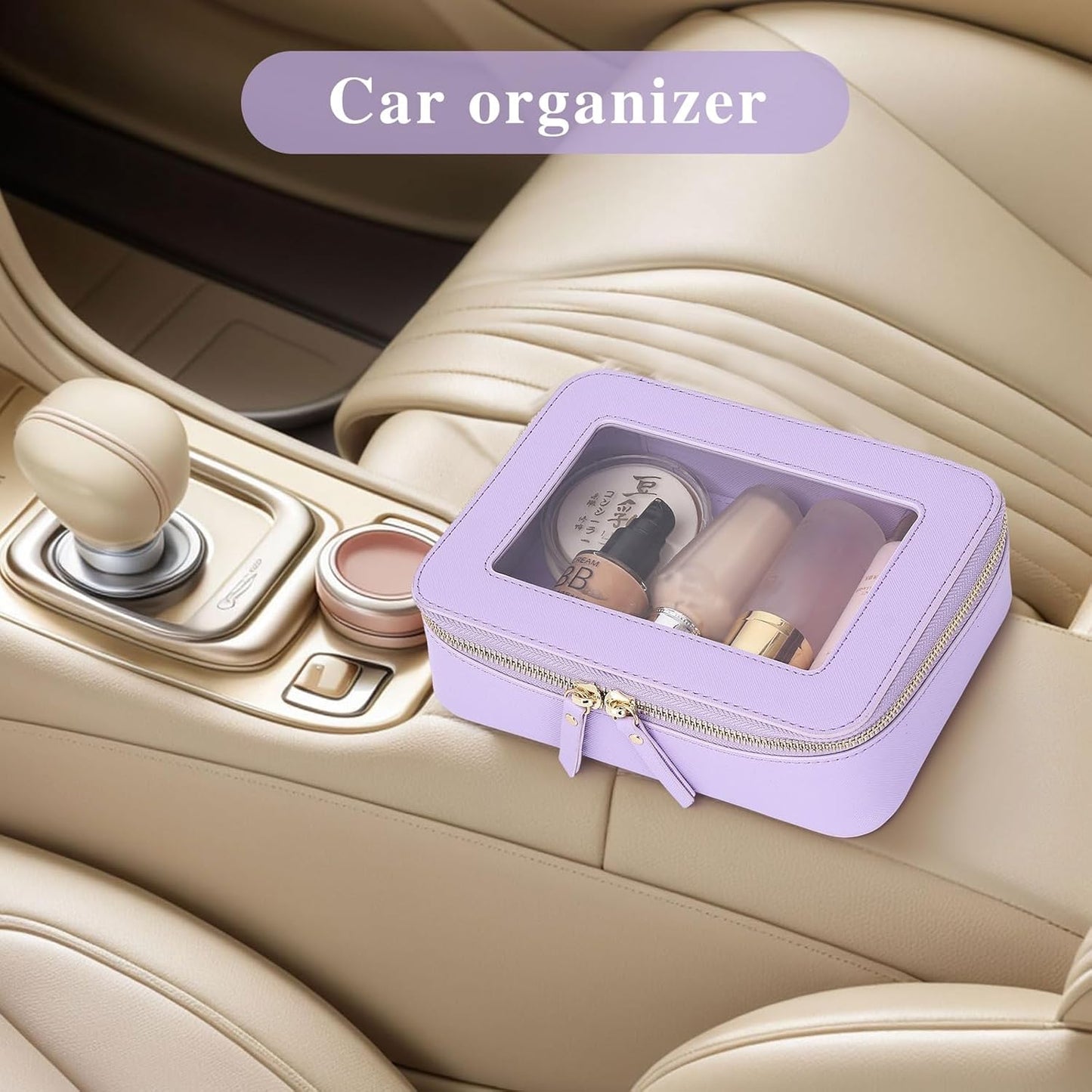 Clear Makeup Bag Women's Waterproof Travel Cosmetic Case and Toiletry Bag Portable Makeup Organizer Bag for Car with Zipper (Purple, M)