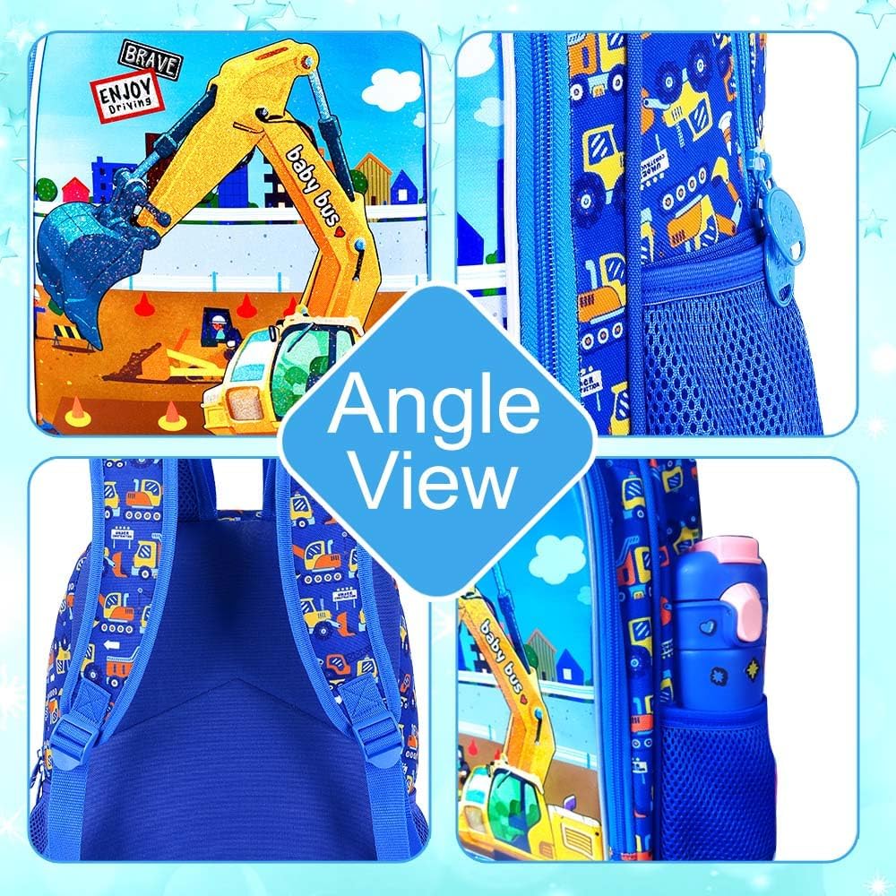 3PCS Excavator Backpack for Boys, Water Resistant Kids Digger Bookbag Set with Lunch Box, Cute School Bag for Preschool Toddler