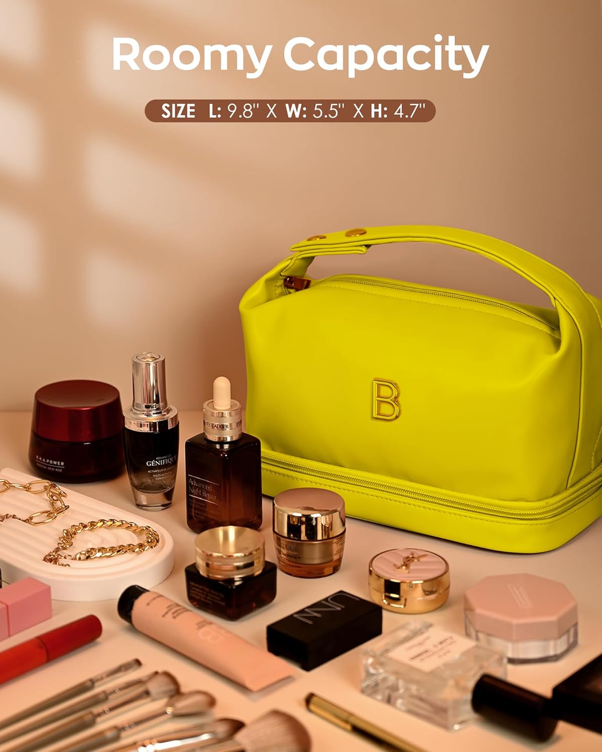 Women Gift, Personalized Makeup Bag with Handle, Initial Double Layer Cosmetic Bag with Makeup Brush Organizer, Cute Cosmetic Pouch for Women, Gifts for Friends Female Mom