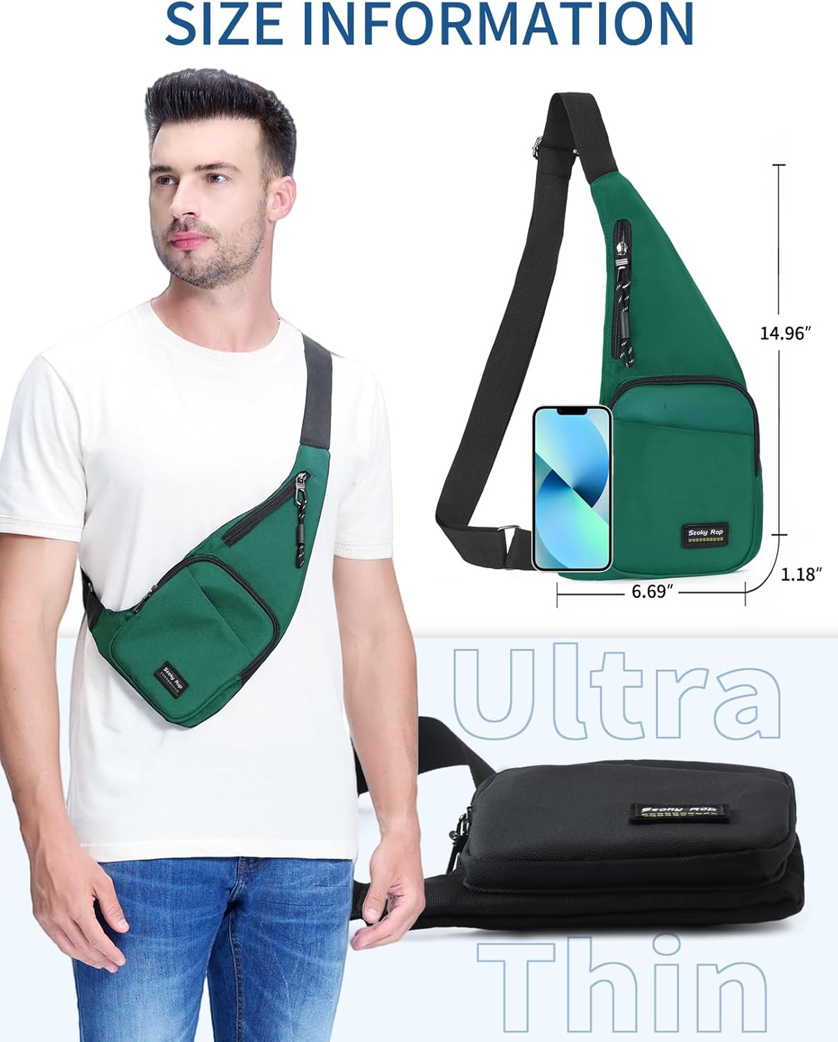 Seoky Rop Sling Bag for Men Women Slim Personal Purse Pocket Small Anti-Thief Crossbody Chest Bag for Travel Hiking Teal Green