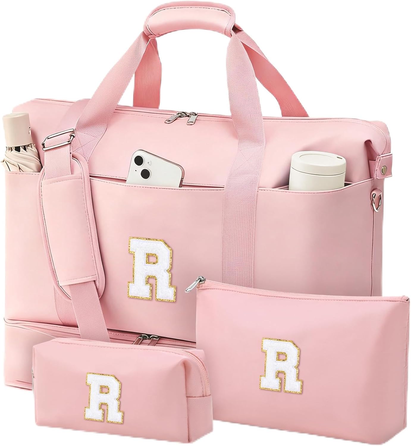 Personalized Initial Travel Duffle Bag for Women, Dance Bags with Foldable Shoe Compartment, Carry-On Weekender Duffel, Gifts for Teenage Girls, Water Resistant, Pink Letter R
