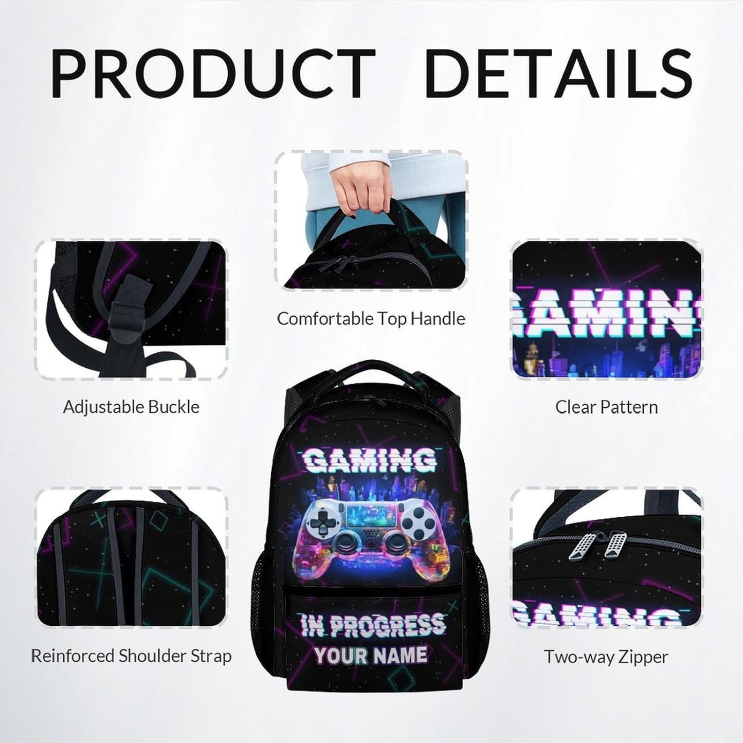 COZYAURA Personalized Backpacks for Boys - 3Pcs Video Gaming Bookbag for Kids - Gamer School Bag