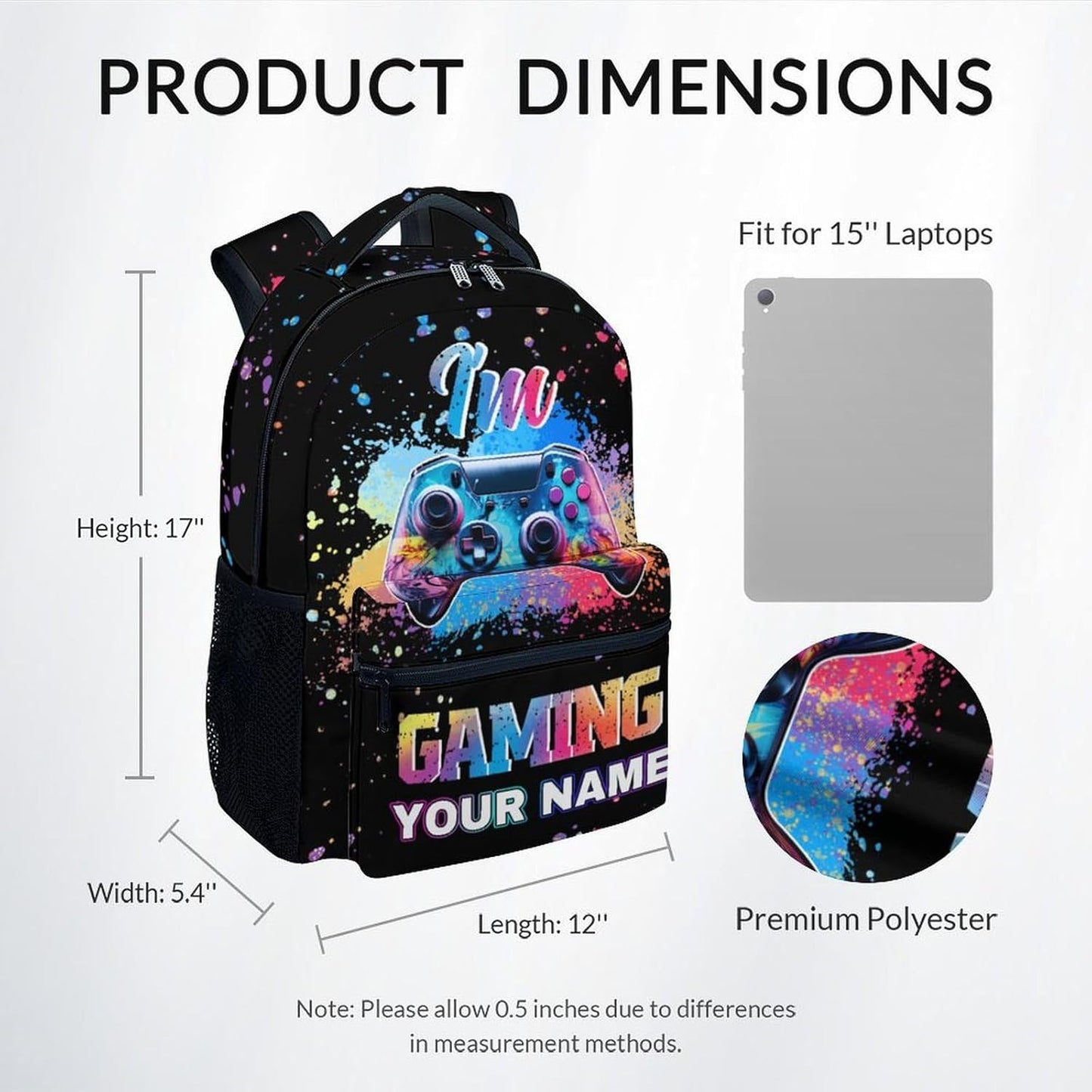 COZYAURA Personalized Kids Backpack - 17 Inch Video Gamer Bookbag for Boys - Durable Black Gaming School Bag for Elementary & Travel