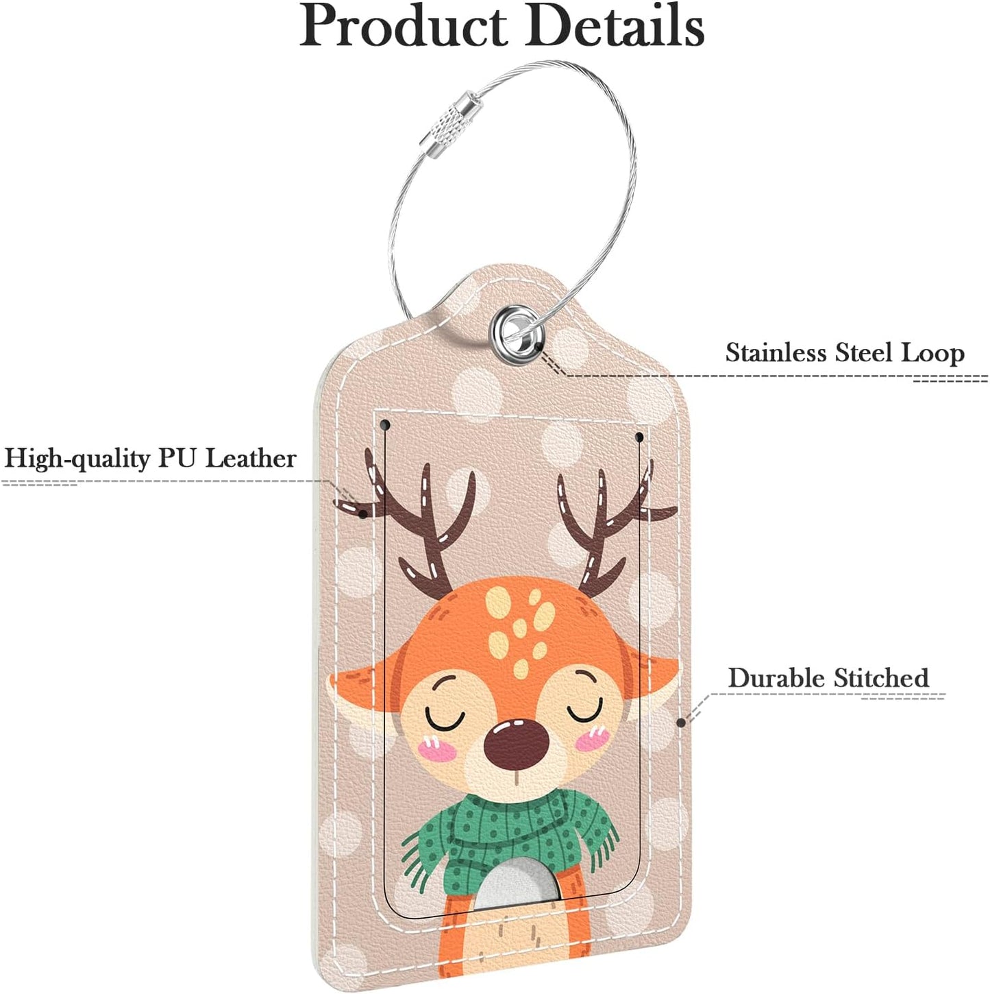 Luggage Tags for Suitcase, 2 Pack PU Leather Travel Cruise Luggage Tag with Privacy Flap, Name ID Label and Metal Loop for Women Men Girls Suitcase Baggage Bag Backpack, Cute Sika Deer