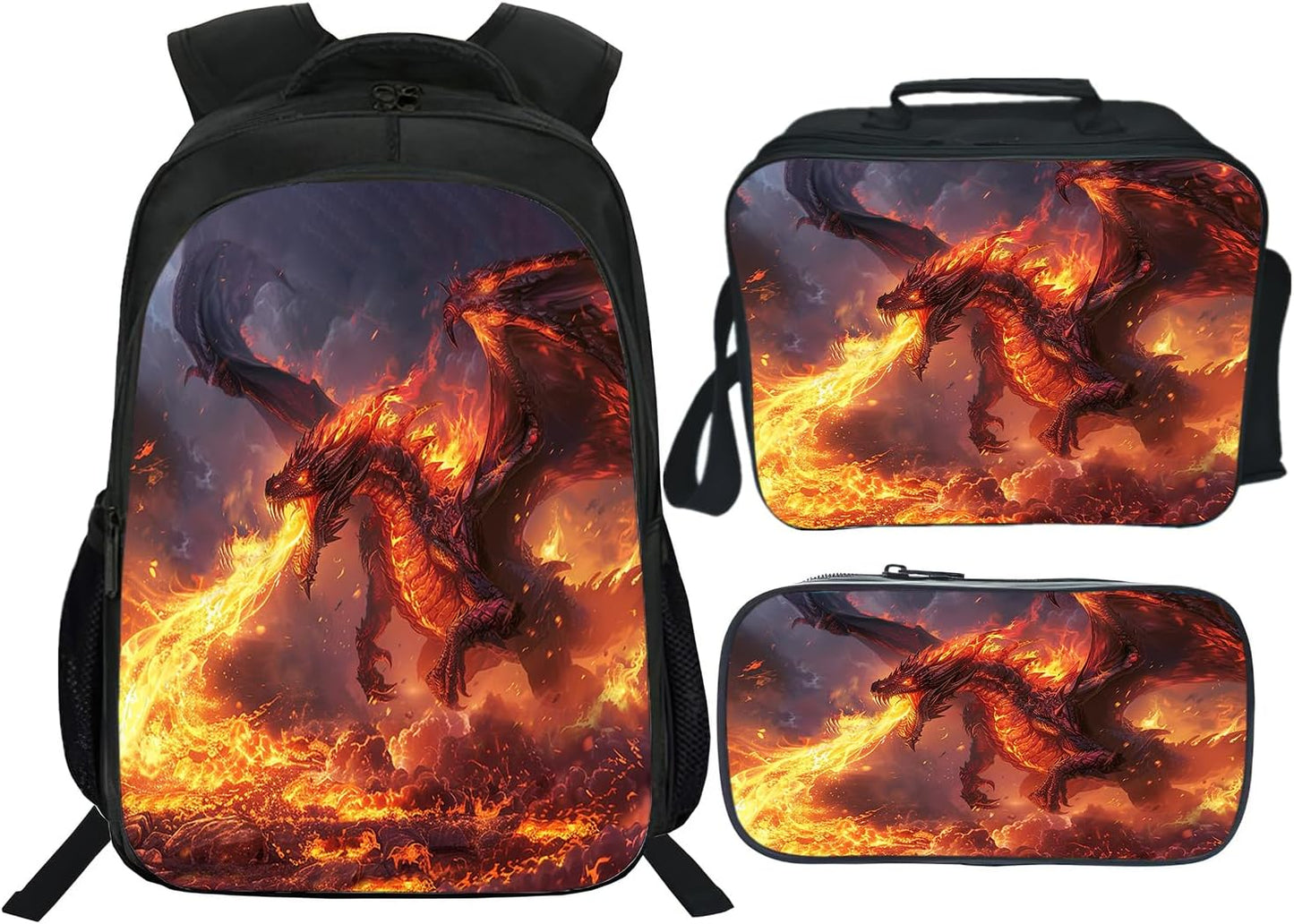 Klymax Fire Dragon Backpack Kids Schoolbag with Lunch Box Bag Pencil Bag 3pcs Bookbag Sets for Boys Girls