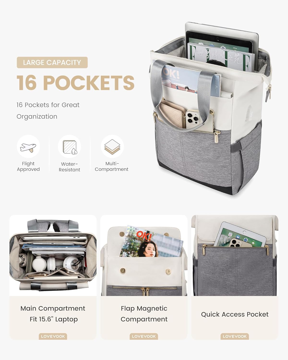 LOVEVOOK Laptop Backpack for Women, 15.6 Inch Work Laptop Bag with USB Port, Fashion Teacher Nurse Backpack Purse, Waterproof Travel Computer Backpack with Organizer Bag, 2PCS, Beige-Grey