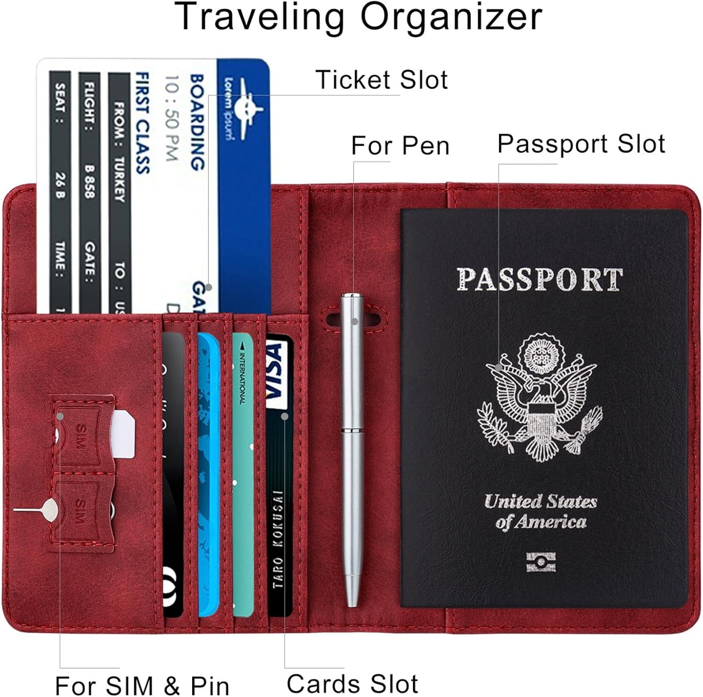 WALNEW Passport Holder for Travel, RFID Passport Cover Wallet for Women Men, PU Leather Passport Book Card Holder Case with Pen, Travelling Essentials for Flying