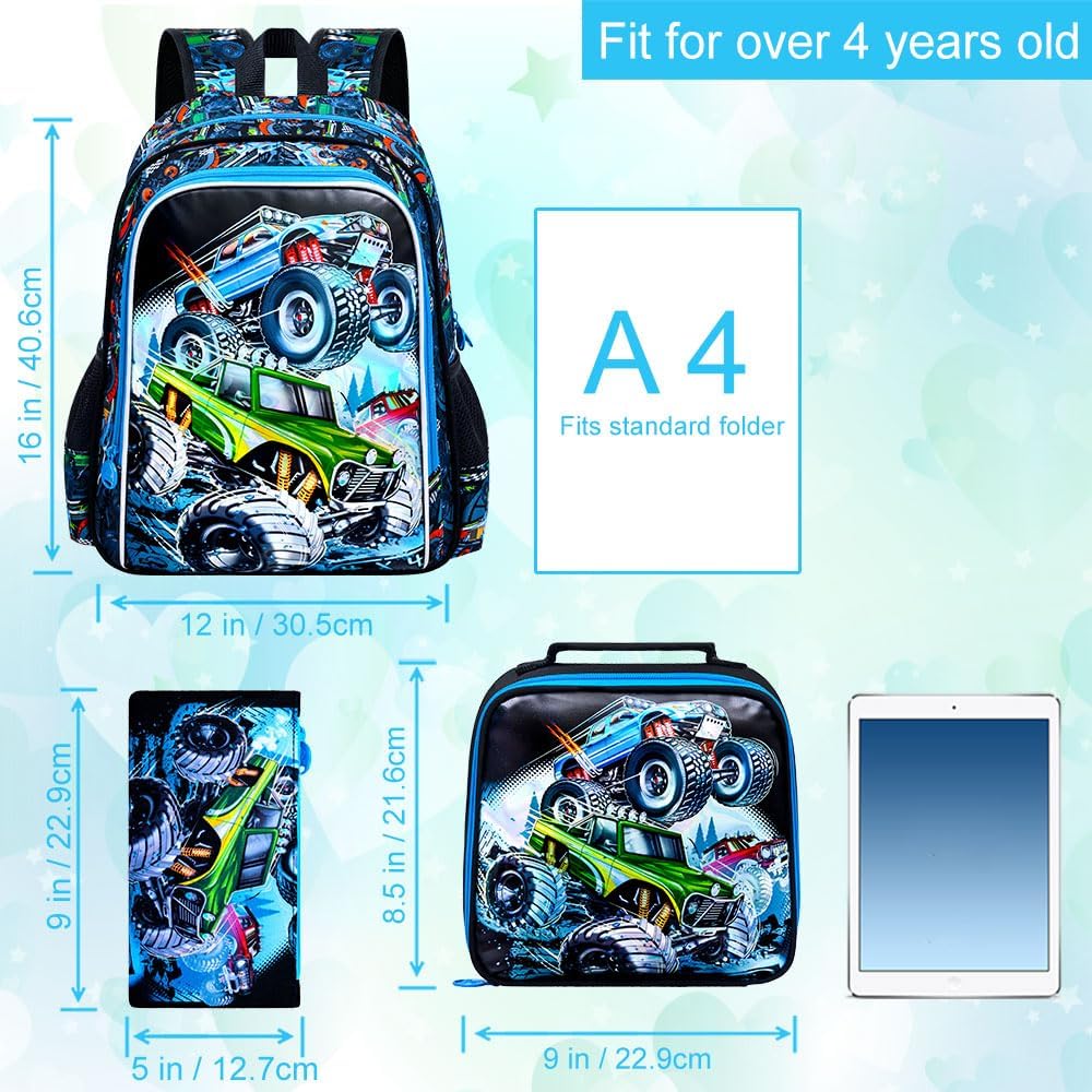 CCJPX 16" Truck Backpack for Boys, 3PCS Cars Kids Water Resistant Preschool Bookbags, Cool Kindergarten School Backpacks and Lunch Box