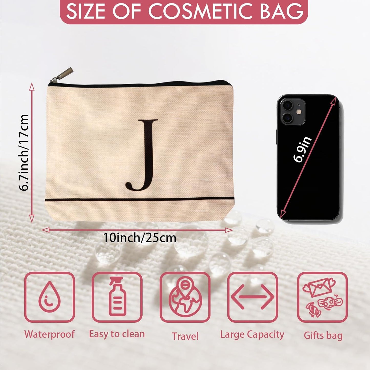 Letter A-Z Initial Personalized Makeup Bags, Birthday Gifts for Women, Monogrammed Gifts for Women Mom Sister Best Friend Bride Bridesmaid, Mothers Day, Christmas, Small Travel Cosmetic Bag (J)