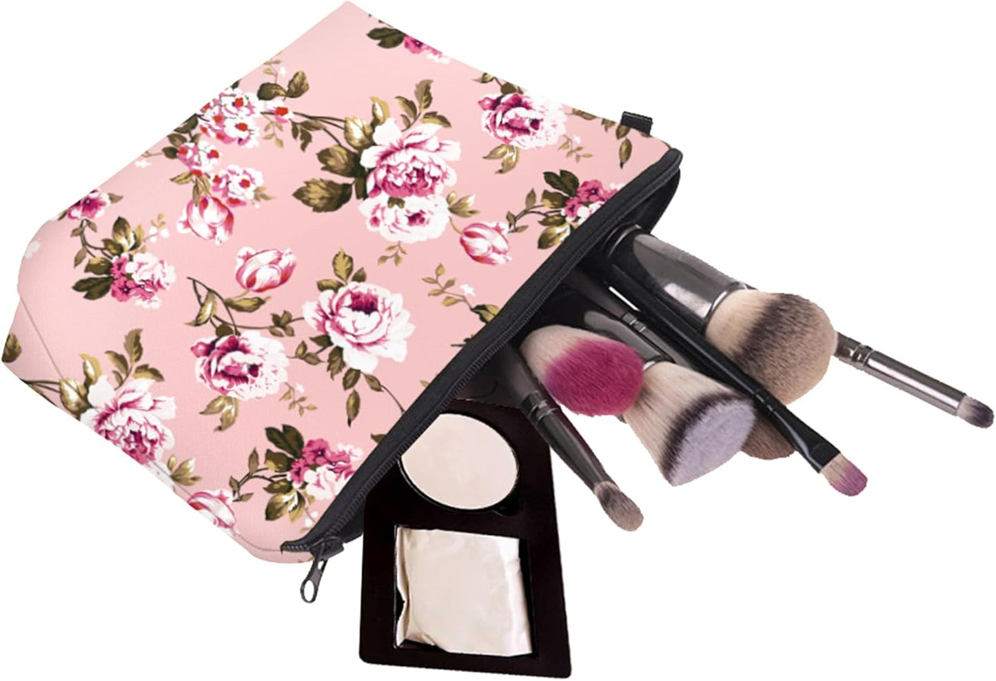 Cute Travel Makeup Bag Cosmetic Bag Small Pouch Gift for Women (Flowers Blush Pink)
