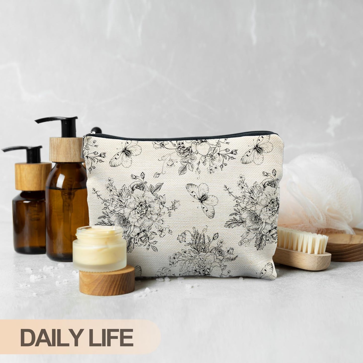 Vintage Boho Floral Butterfly Makeup Bag, Chinoiserie Black and White Cosmetic Bags for Women, Cottagecore Botanical Butterfly Zipper Makeup Pouch
