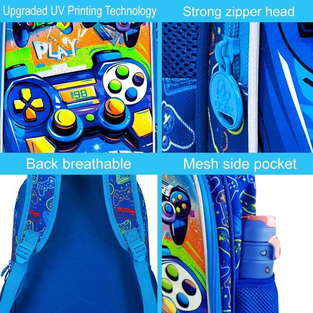 Gamer Backpack for Boys, 16" Kids Bookbag with Lunch Box, 3Pcs Gaming School Backpacks for Elementary Preschool Kindergarten (Blue)