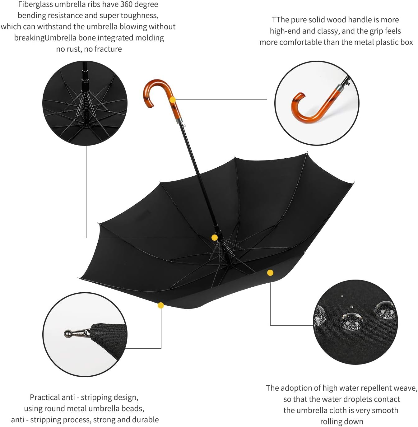 TIME LOVER Stick Umbrella Oversize Windproof Umbrella Wooden Hook Handle J Stick Automatic Open Fast Drying Umbrella for Men Women(Black)