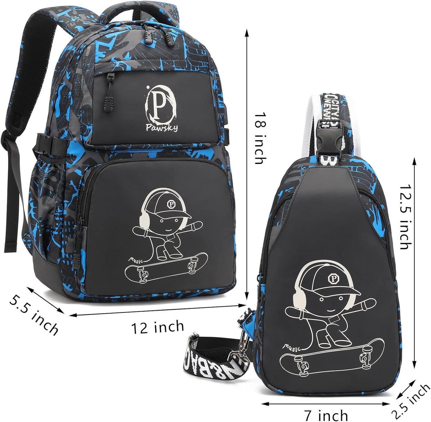 Skateboard Anime Luminous Backpack School Backpack with USB Charging Port for Teen Boys, College School Bookbag Lightweight Laptop Bag with Sling Bag Set, Blue