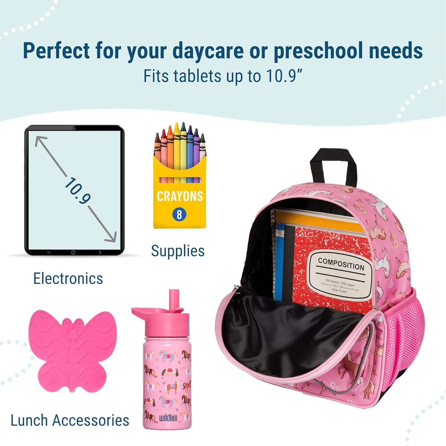 Wildkin 12-inch Kids Backpack – Padded, Adjustable, Ideal for Daycare & Travel -Wild Horses