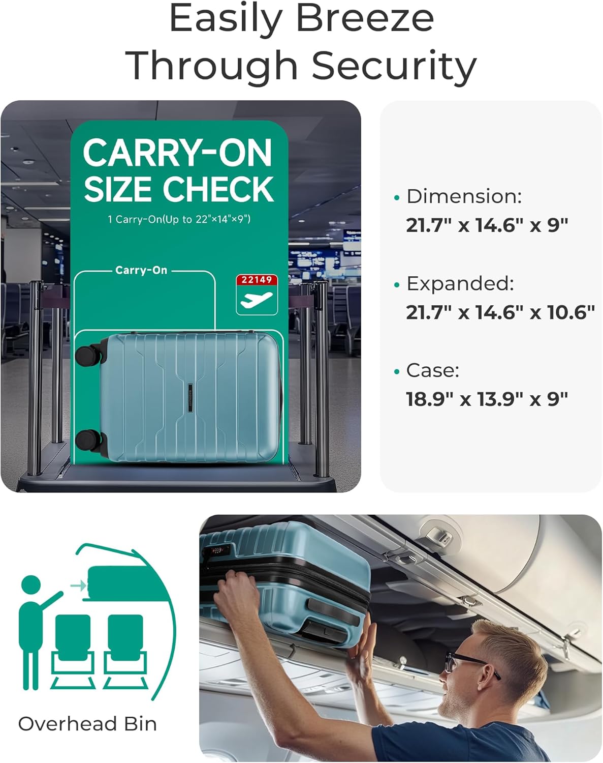 BAGSMART Carry On Luggage 22x14x9 Airline Approved with Spinner Wheels,Lightweight 20 Inch Luggage with TSA Lock,Expandable Hard Shell Carry On Suitcases for Men Women,Teal Blue