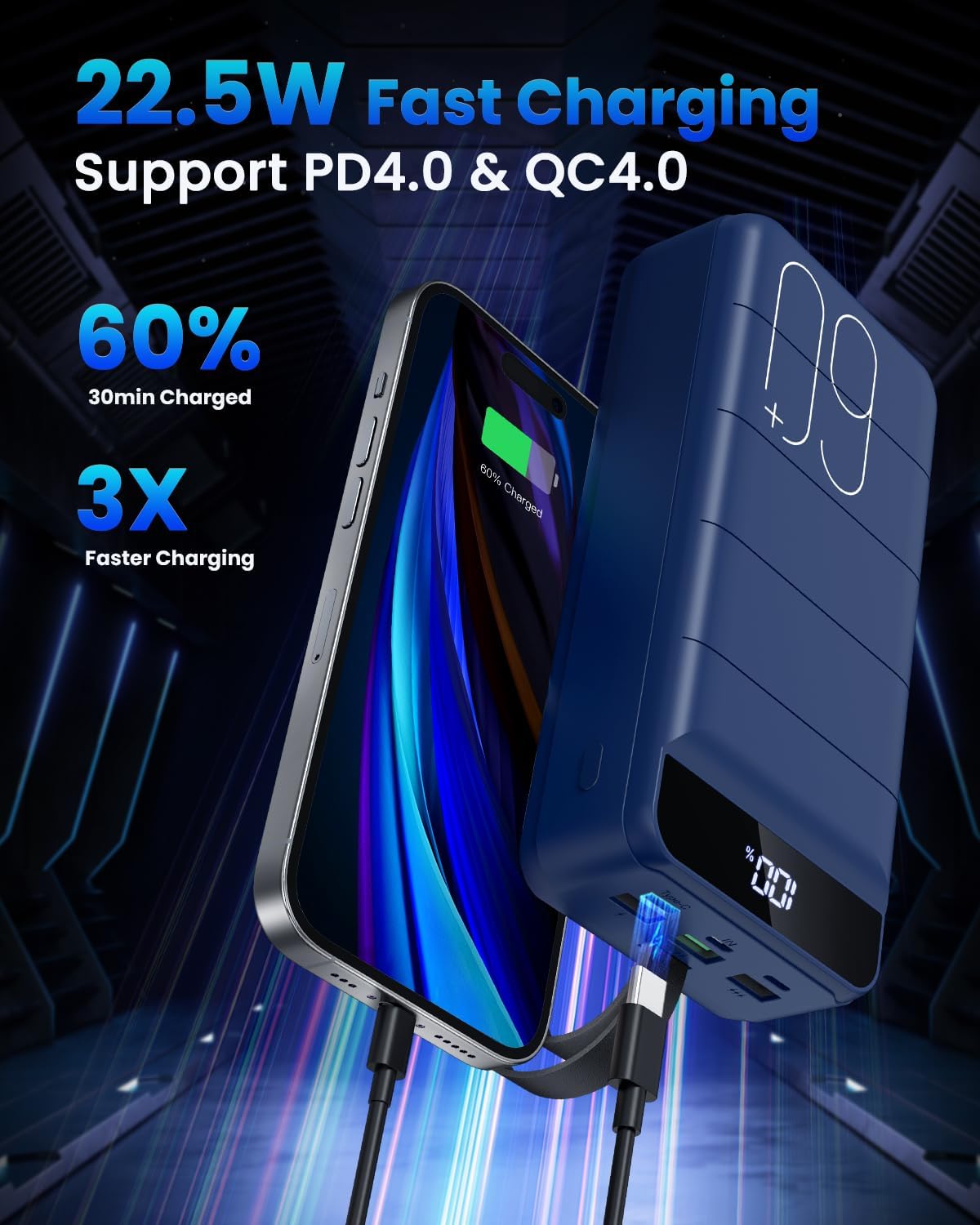 Portable Charger 60000mAh Power Bank - 22.5W Fast Charging Battery Pack USB C with 4 Outputs & 3 Inputs LED Display, Huge Capacity External Cell Phone Charger for iPhone, Samsung, Travel, Camping