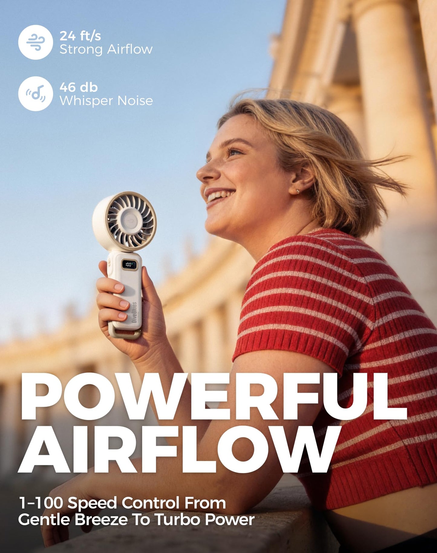 Diveblues Portable Turbo Fan, 100 Speed Handheld Fan with Strong Airflow, Foldable 4 in 1 Personal
