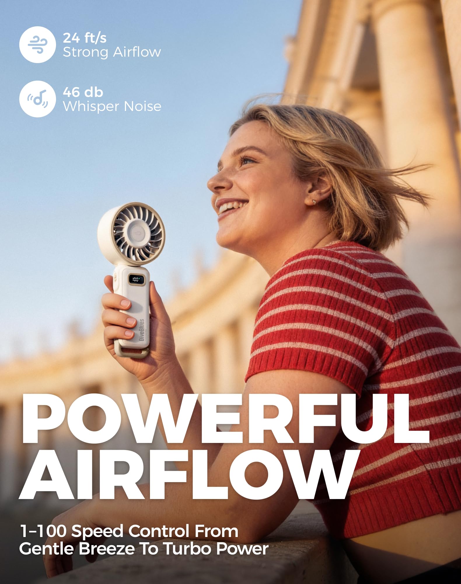 Diveblues Portable Turbo Fan, 100 Speed Handheld Fan with Strong Airflow, Foldable 4 in 1 Personal
