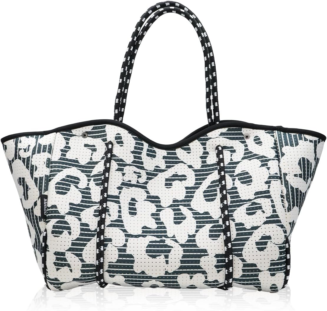 Neoprene Beach Bag for Women, Large Travel Tote Gym & Pool Bag, Detachable Pouch