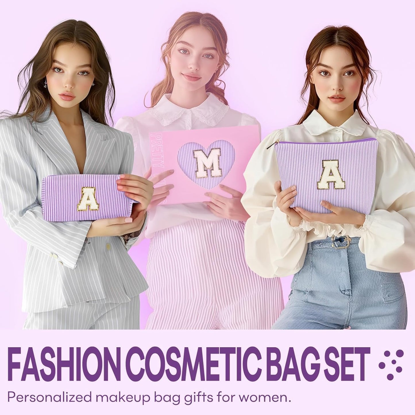 2 PCS Initial Makeup Bags for Women: Cosmetic Bag for Travel Toiletry - Birthday Gifts for 11 12 13