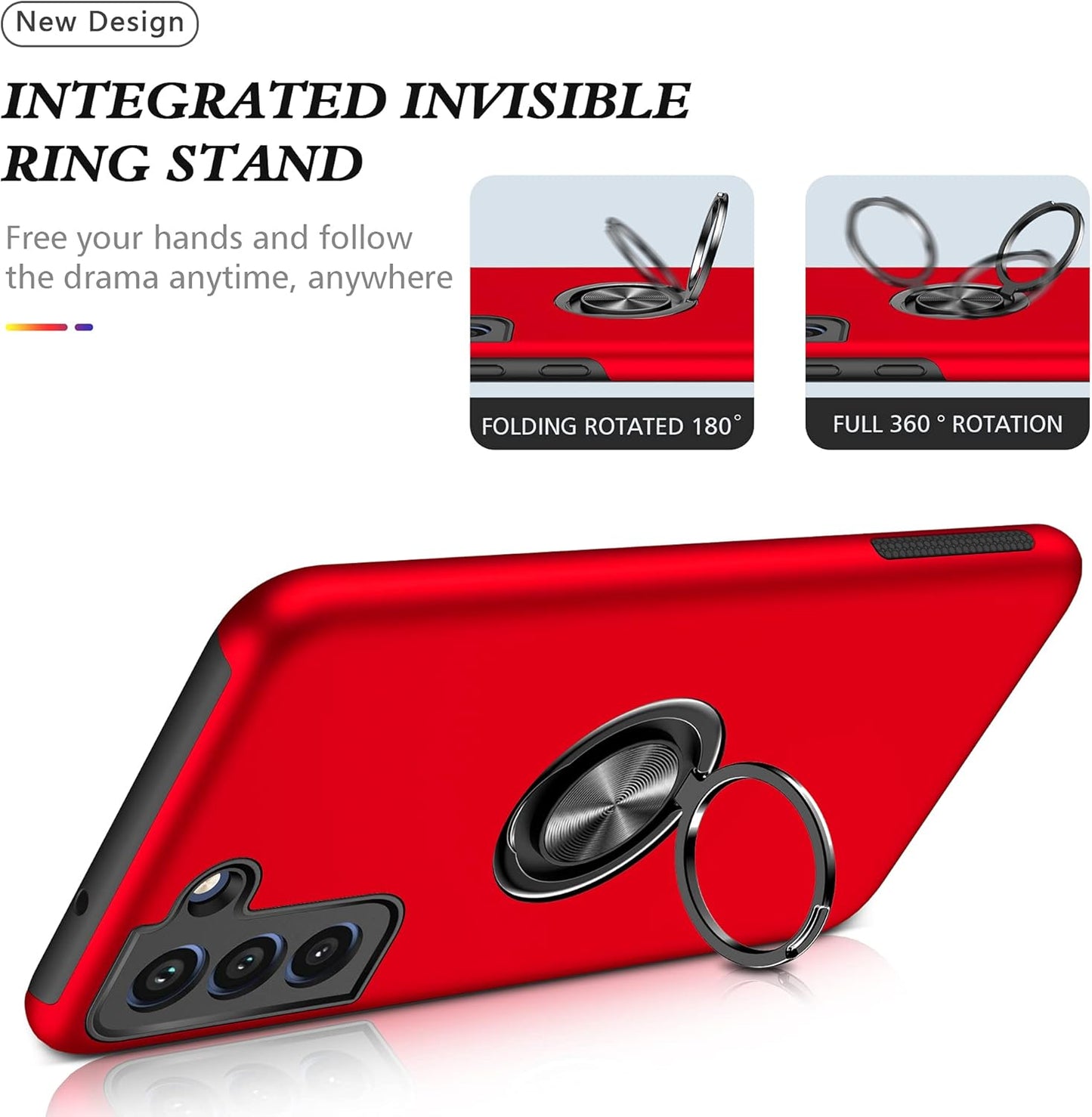 Galaxy S21 FE 5G Case with Nano Explosion-Proof Film - 2 Pack Military Grade Double Shockproof Invisible Kickstand Case - Red