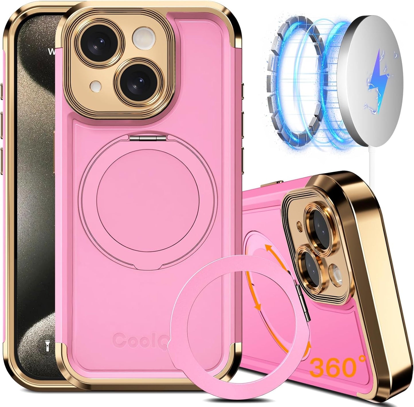 COOLQO for iPhone 13 Case 6.1'' Upgraded 360° Spin Magnetic Stand [Compatible with Magsafe][Military Protection] Plating Matte Scratch-Resistant Back Protective Shockproof Phone Case, Pink Gold