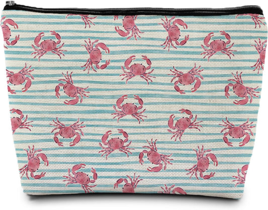 Beach Blue Striped Crab Gifts Makeup Bag, Crab Lovers Gift for Women, Coastal Beach Cosmetic Makeup Bag, Ocean Crabs Pouch Purse