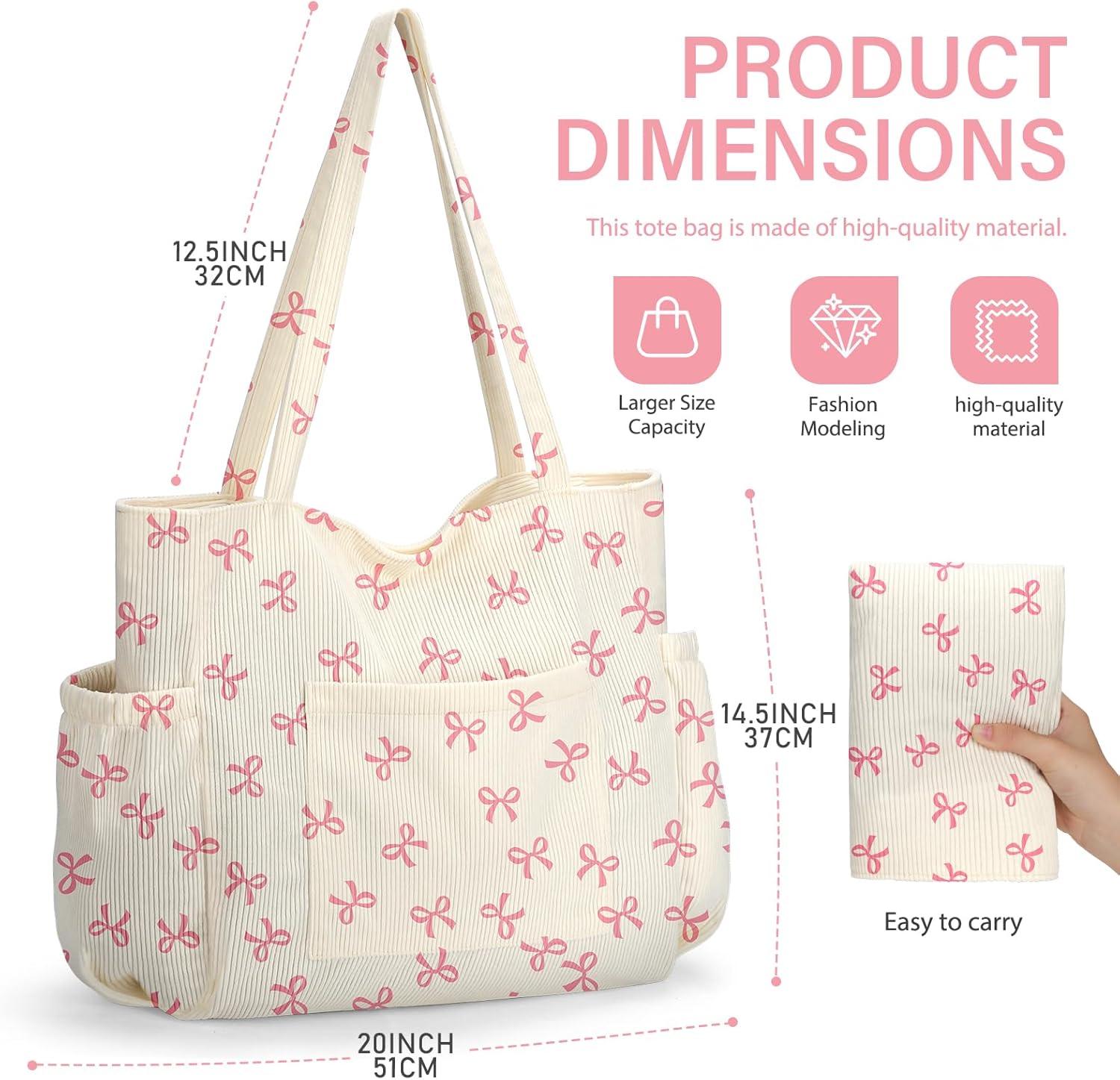 Corduroy Tote Bag for Women,Large Capacity Cute Tote Bags With 6 Pockets,Crossbody Shoulder Handbag