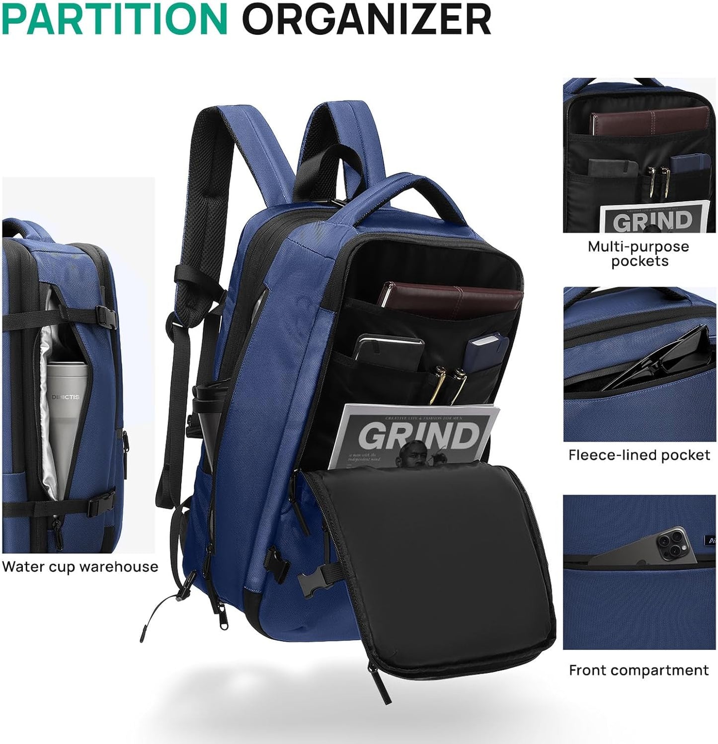 Dinictis Vacuum Seal Travel Backpack 60L Built-in Pump, Expandable Backpack with Vacuum Compression fits 17 inch Laptop, Waterproof Carry On Suitcase Luggage suit for Short Trip and Business-Blue