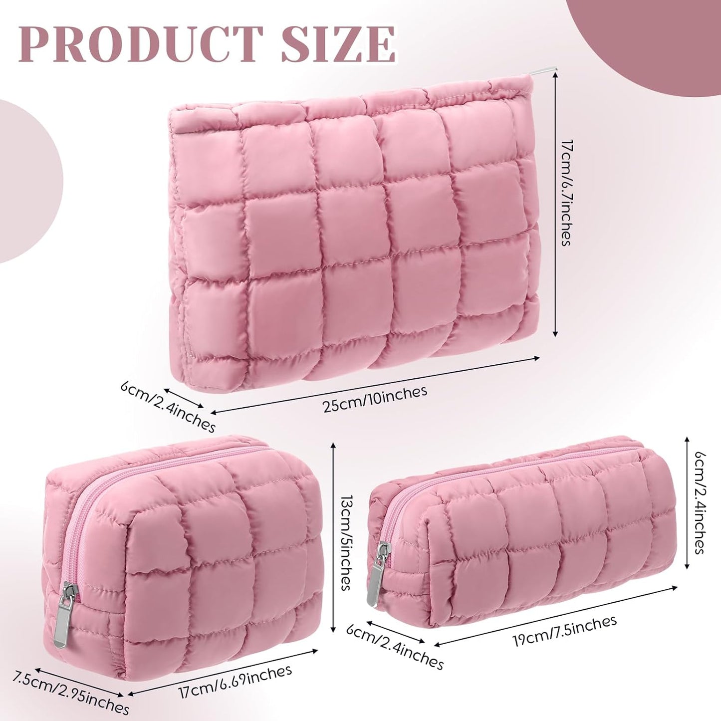 3 Pcs Puffy Makeup Bag Quilted Cosmetic Pouch for Women Cute Checkered Travel Toiletry Bag Puffer Makeup Organizer Purse Pouch Preppy Pencil Case with Zipper