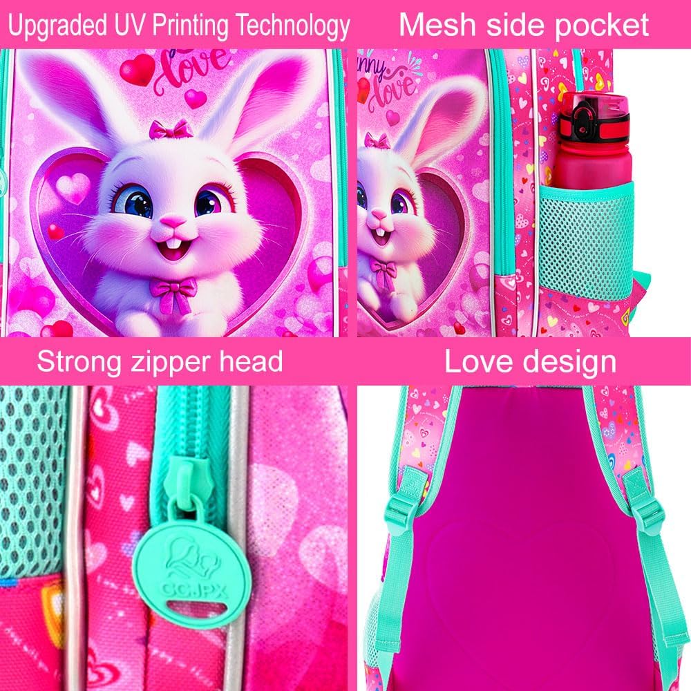 3PCS Girls Backpack, Kids Water Resistant Heart Bookbag Set with Lunch Box, Cute Kids School Bag for Preschool Toddler