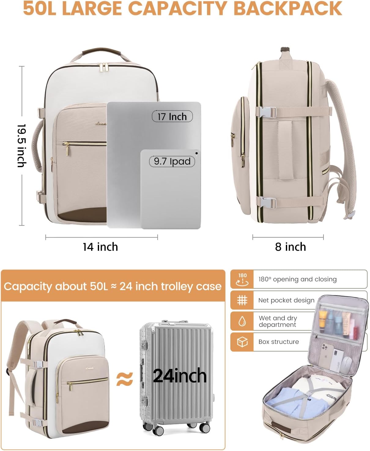 LOVEVOOK 50L Travel Backpack for Women & Men, Airline Approved Carry On Luggage with 3 Packing