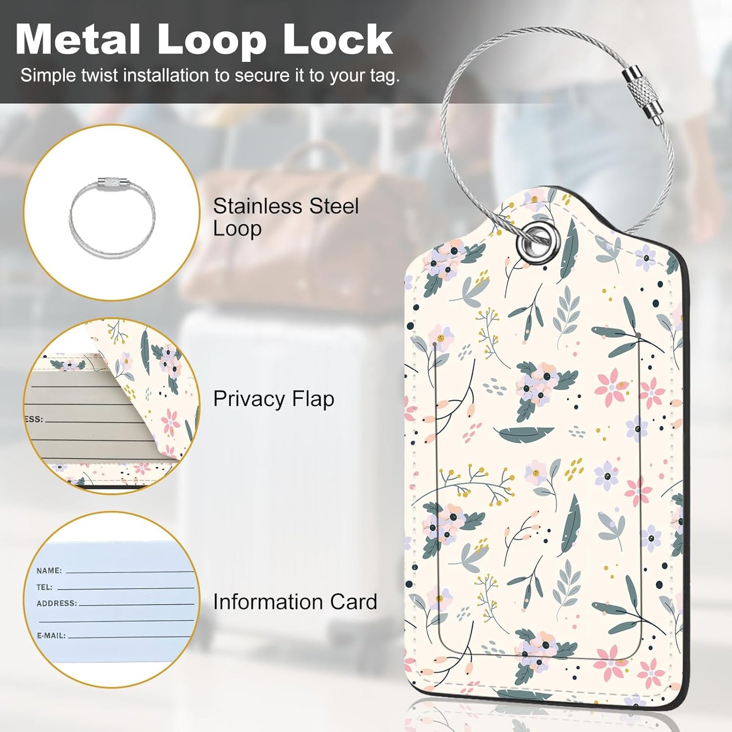 2Pack Luggage Tags for Suitcases, Cute Unique Pu Leather Cruise Luggage Tag with Privacy Cover ID Label Address Card and Metal Ring Suitable for Women Men Kids Travel Bag Beige Pink Crushed
