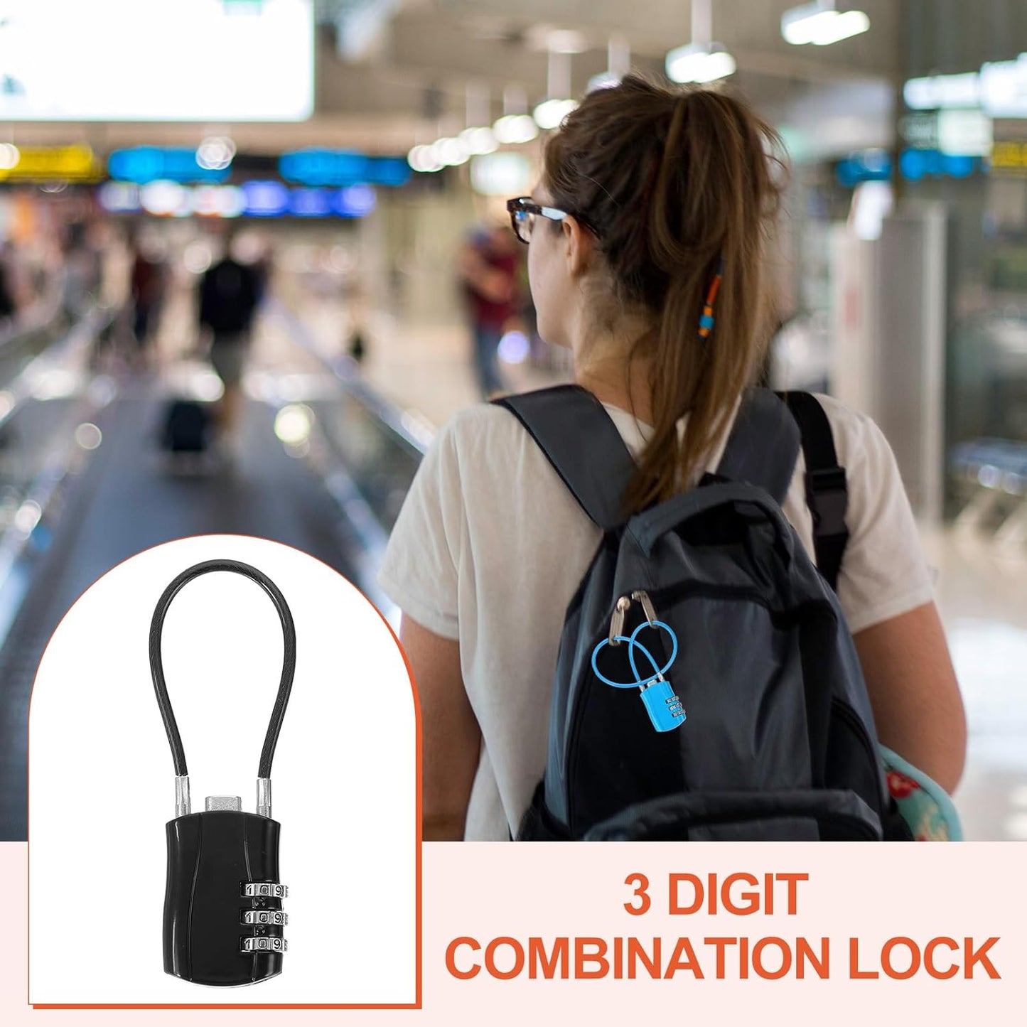 MECCANIXITY 2 Pcs Luggage Travel Lock, 3 Digit Cable Combination Lock 1-3/16" Width Body with 5" Long Cable for Suitcase Bag Cabinets Small Fences Gym, Black