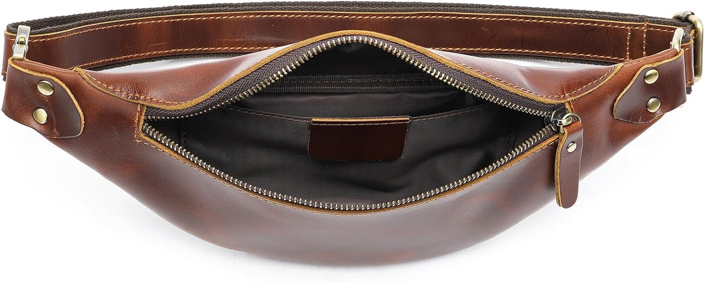 Vintage Genuine Leather Fanny Pack Small Waist Bag Travel Sling Pouch with Adjustable Leather Belt Brown