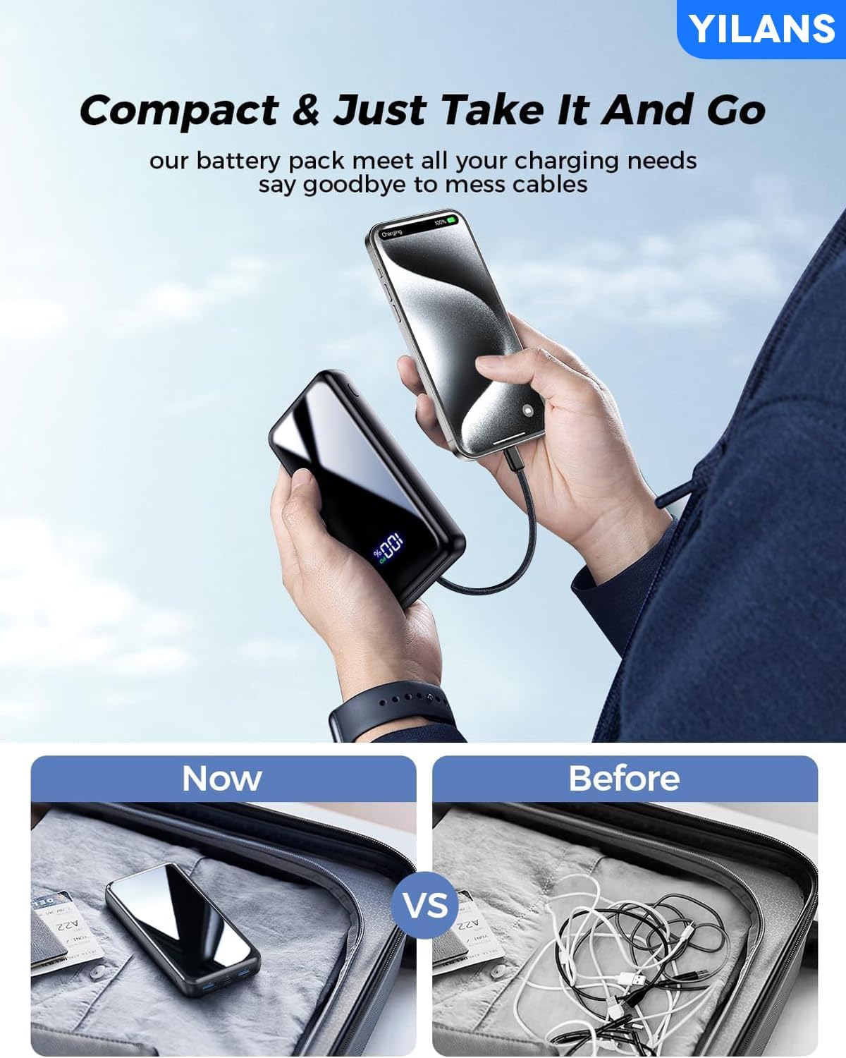 Portable Charger,50000mAh Power Bank Built-in Cable, 22.5W PD USB C In & Out Fast Charging, External Battery Pack with 6 Output & 2 Input, Travel Phone Charger for iPhone 17/16/15/14/13/12, Android