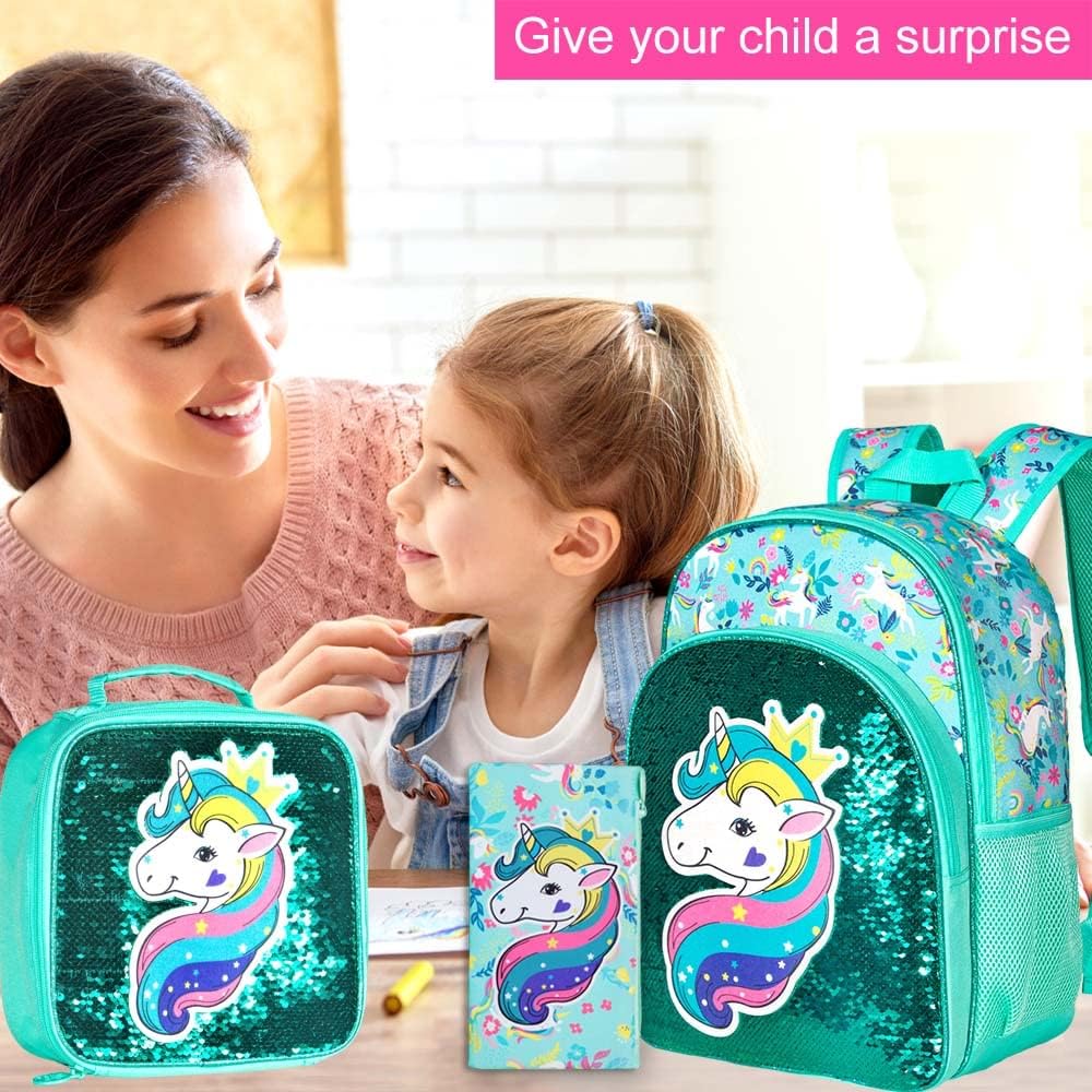 3PCS Kids Backpacks for Girls, 16" Little Kid Preschool School Bookbag and Lunch Box - Unicorn/Mermaid/Flamingo