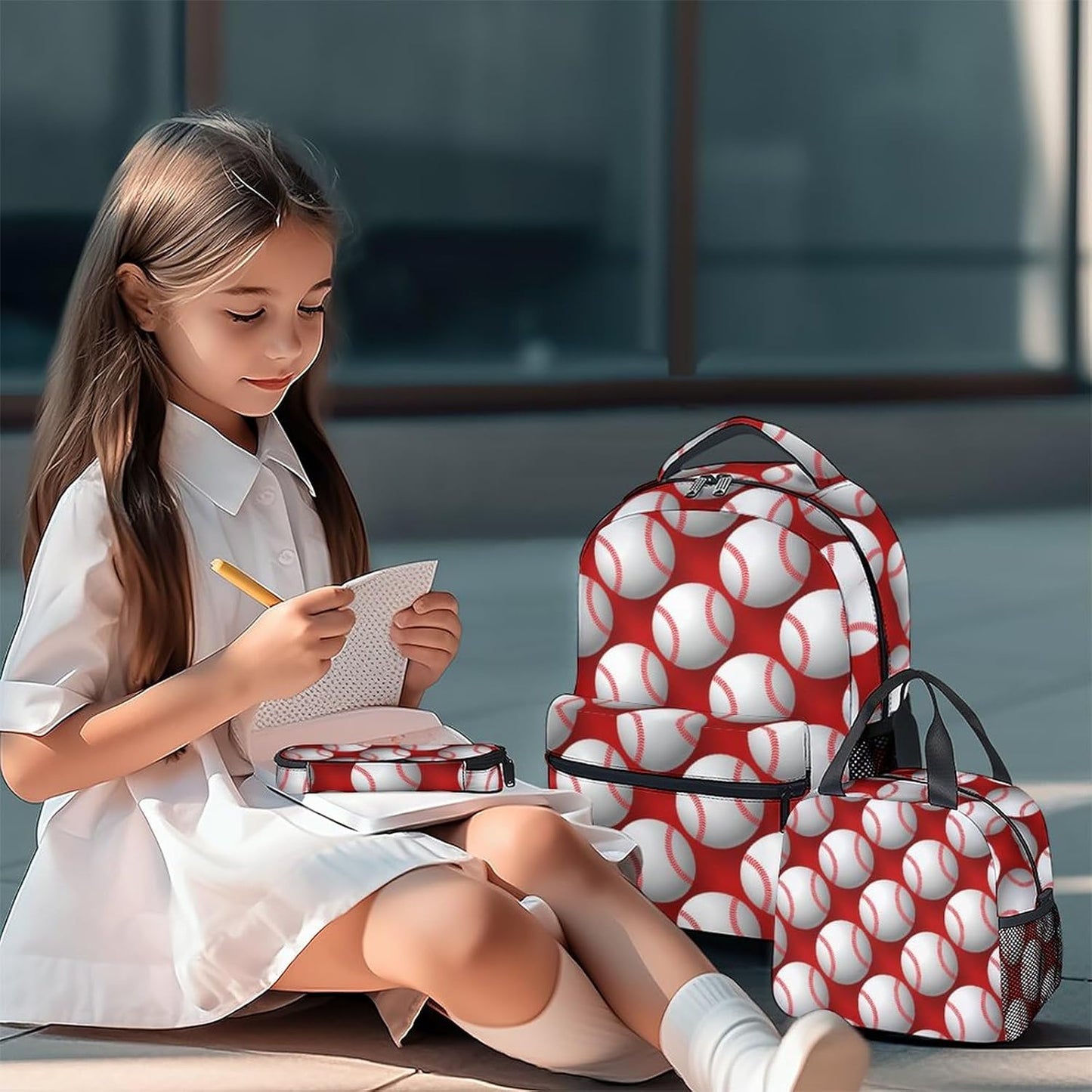 Baseball Backpack with Lunch Box Set for Boys, 3 in 1 School Backpacks Matching Combo, Sports White Bookbag and Pencil Case Bundle