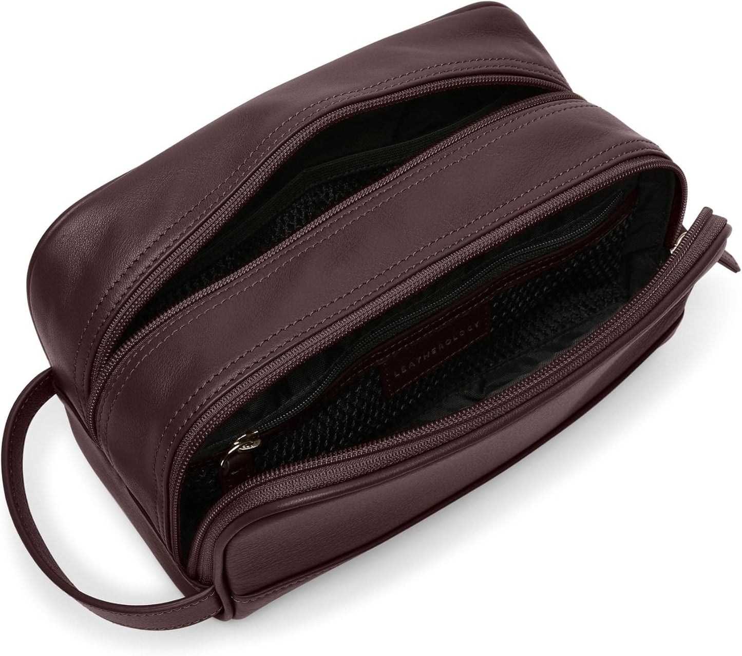 Leatherology Brown Leather Toiletry Bag – Small Double Zip Dopp Kit – Full Grain Leather Travel Organizer with Water-Resistant Lining – Compact Grooming Bag for Men or Women