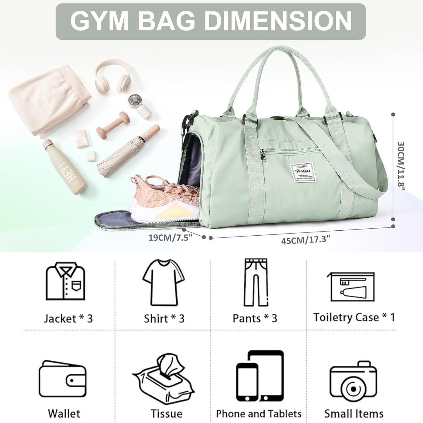Gym Bag for Women with Shoes Compartment Small Duffel Bag Sport bag with Toiletry Bag Overnight Travel Tote Bags Weekender Carry on Bag Personal Item Bags for Airlines Mint Green