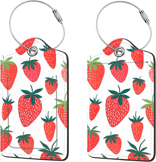 2 Pcs Luggage Tags for Suitcase, Cute Unique PU Leather Travel Bag Tag with Privacy Cover ID Label Address Card and Durable Metal Ring Suitable for Men Women Children Backpack,Strawberry Pattern
