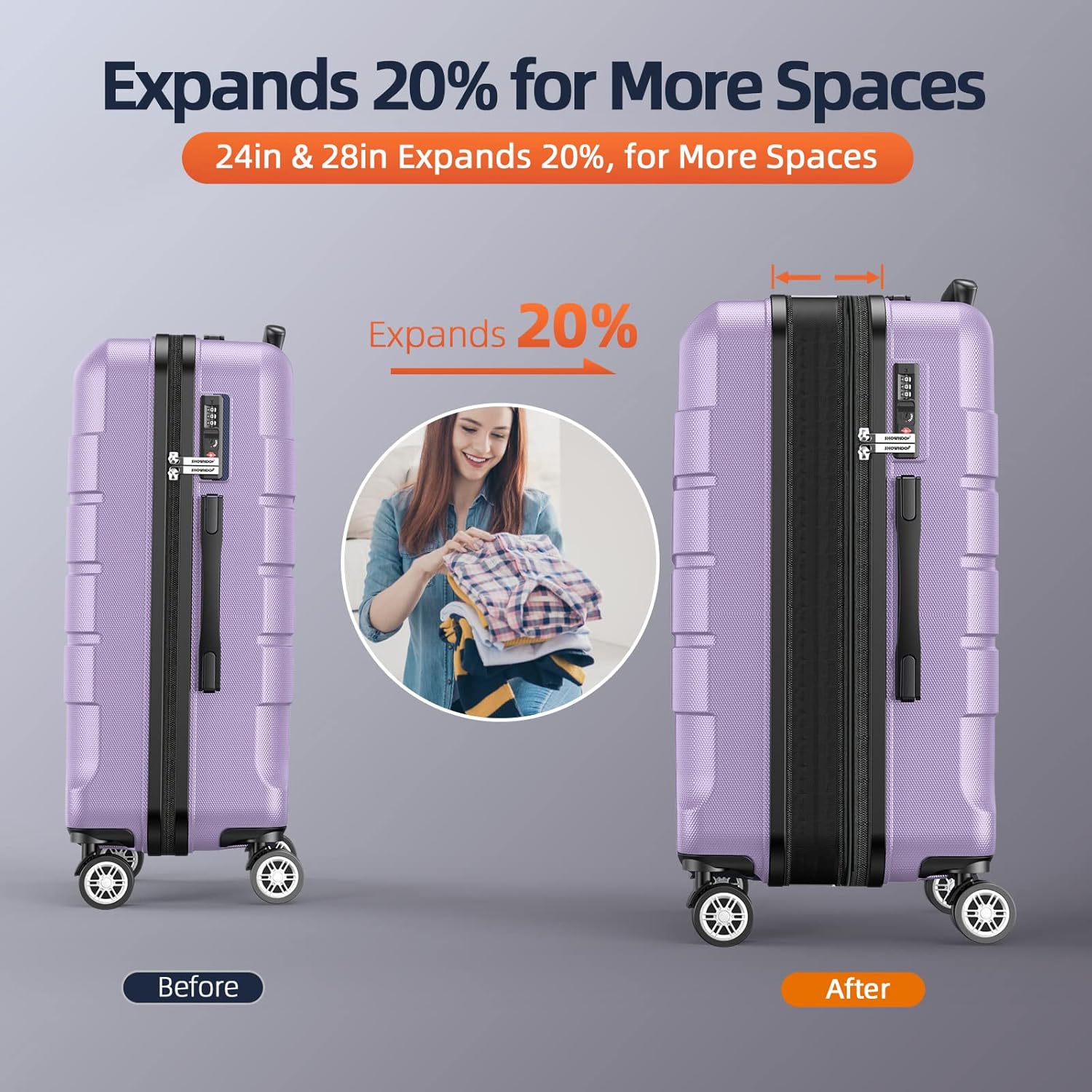 SHOWKOO Luggage Sets Expandable PC+ABS Durable Suitcase Double Wheels TSA Lock Lavender Purple 3pcs