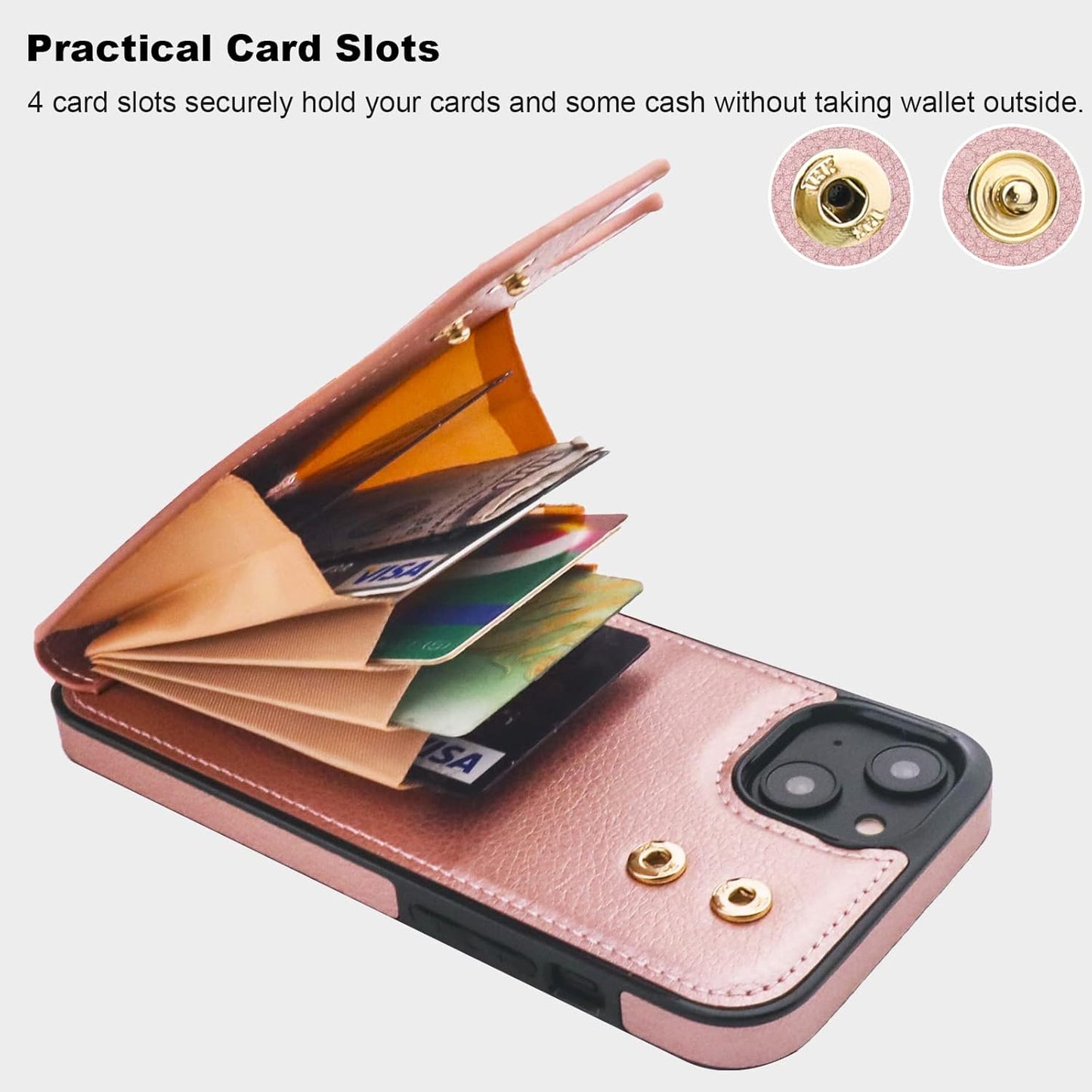 Folosu Compatible with iPhone 14 Plus Case Wallet with Card Holder, 360°Rotation Finger Ring Holder Kickstand, RFID Blocking Leather Protective Double Buttons Shockproof Cover 6.7 Inch Rose Gold