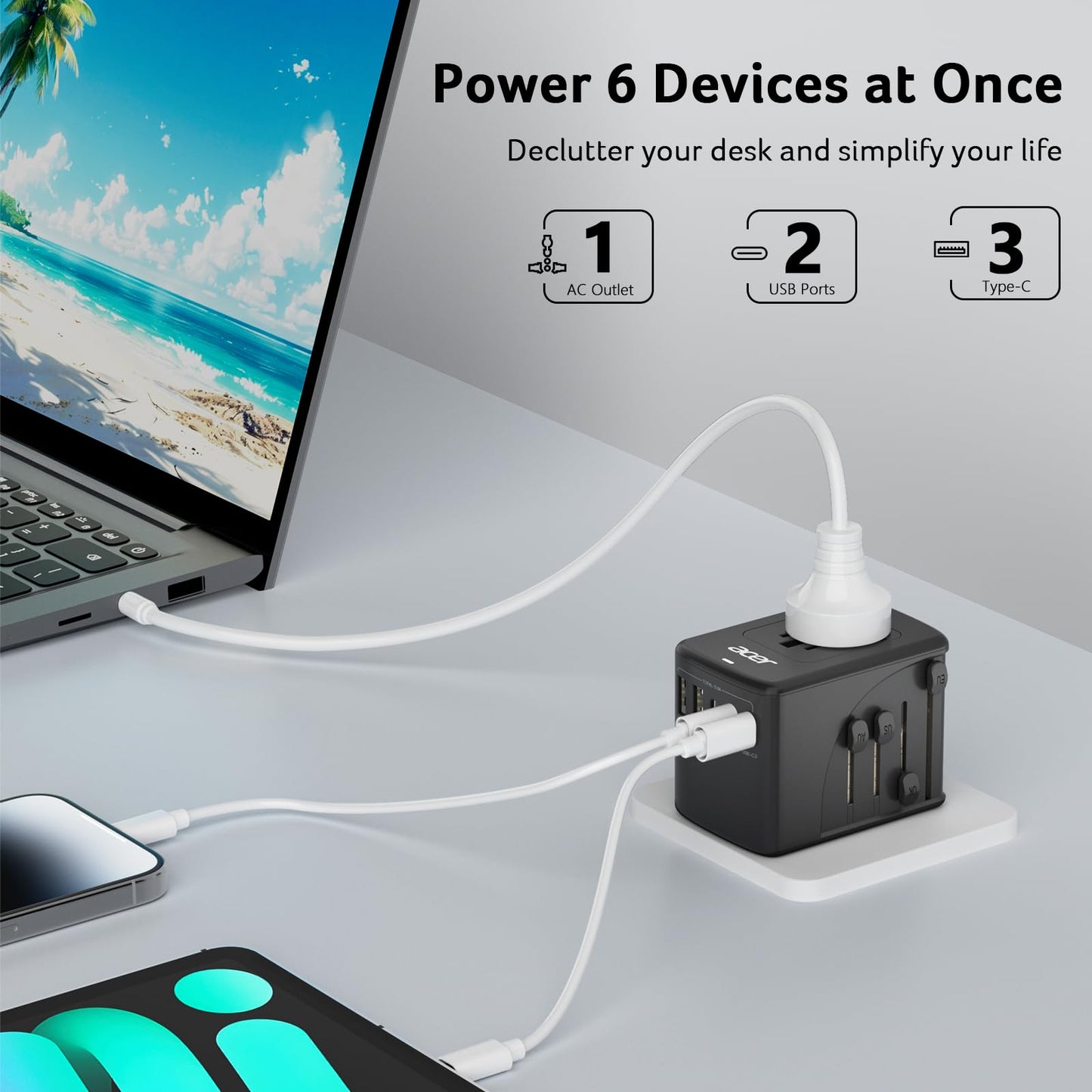 Acer Universal Travel Plug Adapter - International Power Adapter with 5 USB Ports (3 USB C) 5.8A